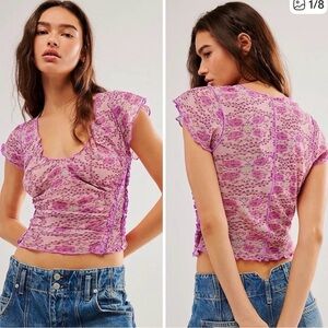 Free People Pink Floral Lace Mesh Crop Top